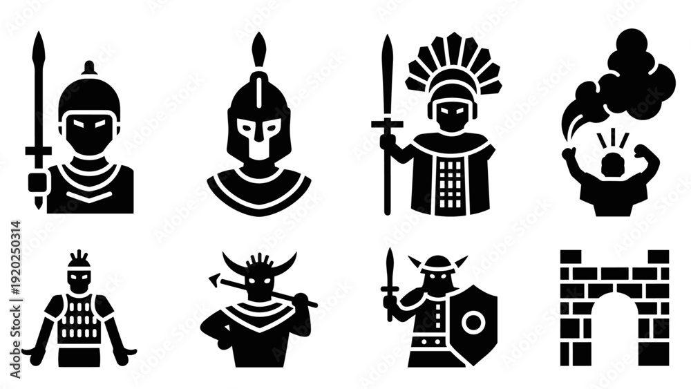 Naklejka premium Collection of ancient warrior icons and historical battle symbols