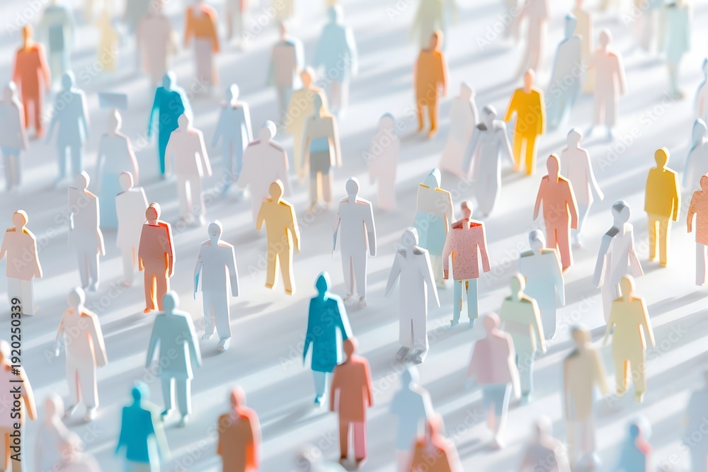 Fototapeta premium 3D paper cut crowd illustration showing diverse population distribution and public health concept with long shadows, demographic analysis and community data visualization.