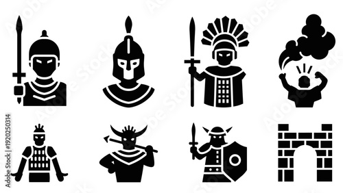 Collection of ancient warrior icons and historical battle symbols
