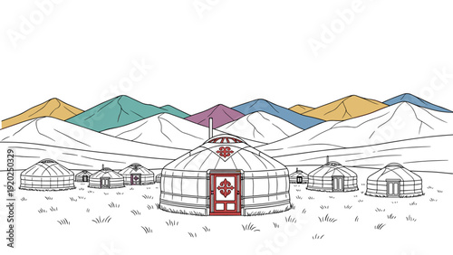 Traditional yurts clustered in a vast landscape with colorful mountains in the background