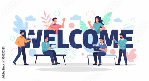 Group of People Near Welcome Text.