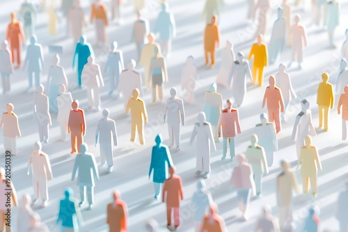 3D paper cut crowd illustration showing diverse population distribution and public health concept with long shadows, demographic analysis and community data visualization.