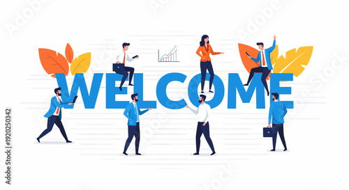 Business People Standing Near Welcome Text.