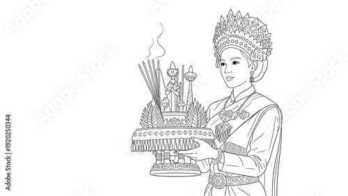 Traditional Thai woman in ornate costume holding a ceremonial offering with incense sticks