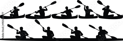 Kayaking silhouette set, canoe paddler action poses isolated on white background for water sport designKayaking silhouette set 