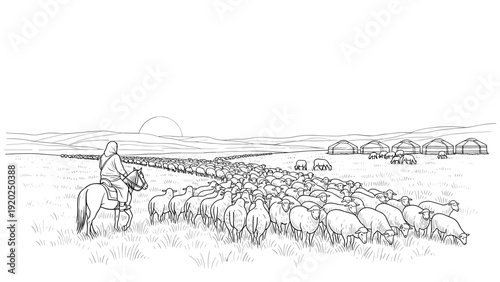 Shepherd on horseback guides a large flock of sheep across a grassy plain towards yurts