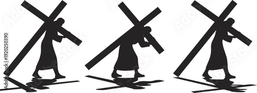 Jesus carrying cross silhouettes collection vector illustration, Christian religious scene isolated on white background for faith design