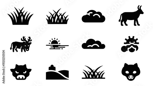 Collection of nature and animal icons including grass, clouds, deer, cow, and wolf