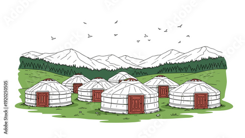 Traditional yurts clustered on a grassy hill with mountains and forest in the background