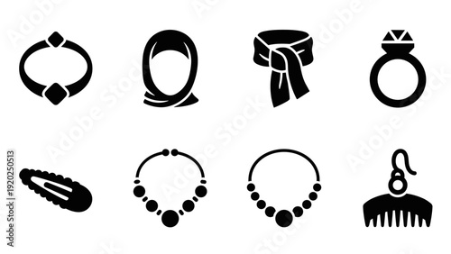 Collection of fashion accessories icons including jewelry, headwear, and scarf
