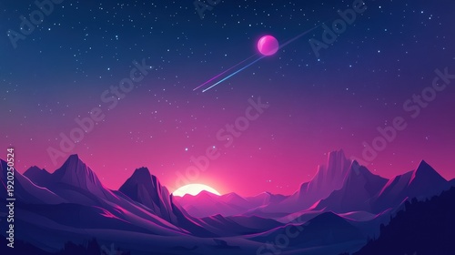 Cosmic Dawn over Mountain Range: A mesmerizing celestial scene unfolds as the sun sets over a rugged mountain range, painting the sky with hues of magenta and violet.