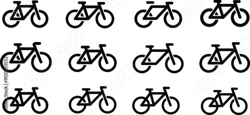 Set of minimalist bicycle line icons and bike symbols for cycling sports eco friendly transportation and fitness app interface design
