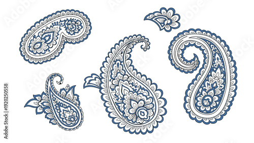 Collection of elegant blue and white paisley motifs on a white background