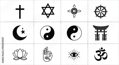 World Religion Symbols Vector Set Featuring Christianity Islam Judaism Buddhism Hinduism Taoism and Spiritual Icons for Cultural Educational Design Projects