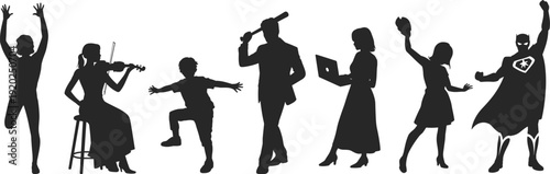 People silhouettes collection vector illustration, musician, dancer, superhero and professional characters isolated on white background for design projects