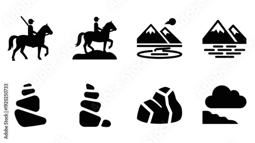 Collection of black and white icons representing nature and outdoor activities