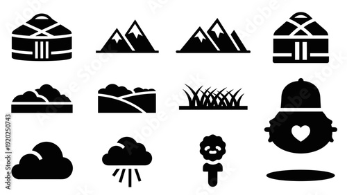 Collection of simple black icons representing nature, weather, and dwelling elements