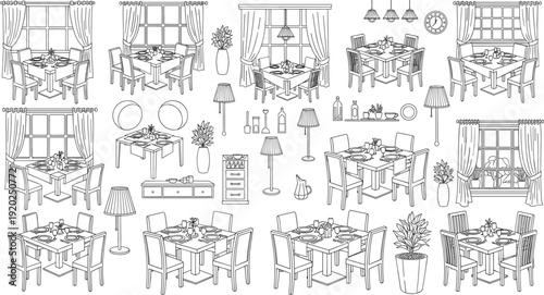 Interior design line art collection featuring dining room sets furniture home decor windows and house plants for coloring book or architectural sketches