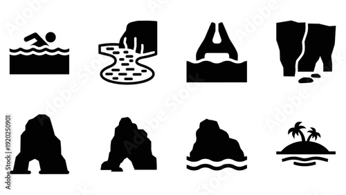 Collection of eight black and white icons representing water and land features