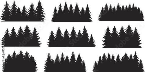 Pine forest silhouettes collection vector illustration, evergreen tree borders isolated on white background for landscape design