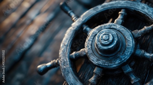Steering Wheel on Deck: A weathered ship's wheel, a symbol of direction and control, rests on a rustic wooden deck, evoking tales of seafaring adventure and navigation.