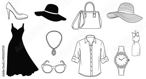 Fashion accessories and clothing items in a black and white sketch