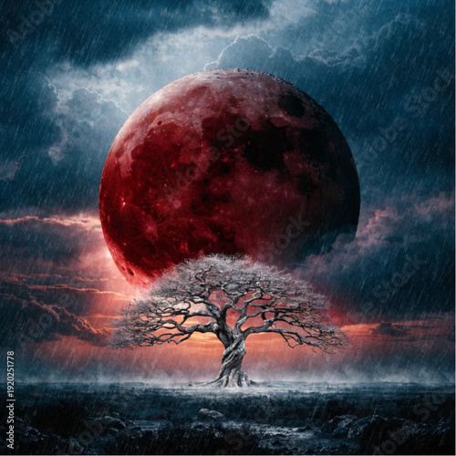 Crimson Blood Moon Above Lonely Tree Horizon