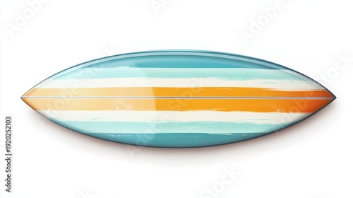 Surfboard Artistry: A vibrant surfboard, adorned with colorful stripes of blue, orange, and white, hints at sun-kissed adventures and the thrill of riding ocean waves.