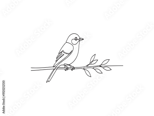 A small bird perched on a branch with leaves looking to the right