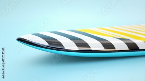 Surfboard's Edge: A surfboard, exhibiting a captivating play of stripes, elegantly poised, ready to ride the waves.