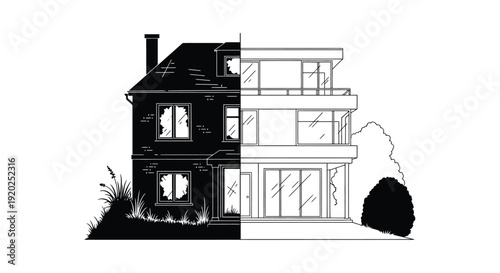 A stark contrast between a dilapidated and modern house facade