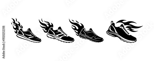 Set of Dynamic Running Shoe Icons with Fire Flames Representing Fast Speed, Performance Athletics, and Sport Sneaker Motion Logo Design