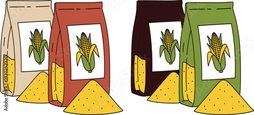 Corn seeds set with various colorful paper bags and piles of yellow maize kernels isolated on white background.