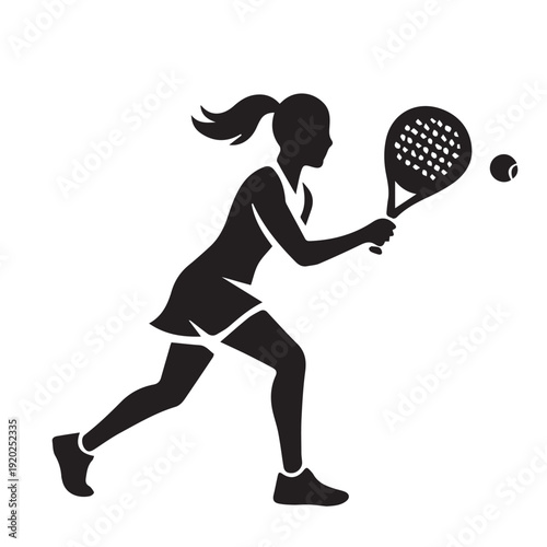 A dynamic vector silhouette of a woman playing padel, capturing swift motion, athletic energy, and a bold sporty atmosphere in a clean modern style.