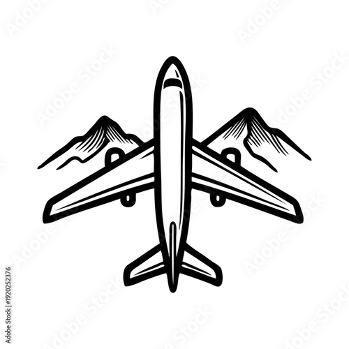 Logo agencia de viajes. Dibujo sencillo con líneas de un avión de pasajeros volando sobre unas montañas 
