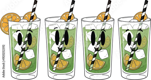 Professional vector illustration set of characterized green juice glasses with smiling faces, ice cubes, and orange slices for playful branding