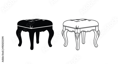Two ornate tufted stools one black and one white displayed side by side