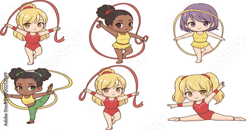 Cute rhythmic gymnastics set with chibi girl characters performing with ribbons and hoops isolated on white background.