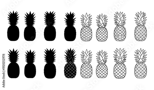 Pineapple silhouette vector set with solid and outline tropical fruit shapes isolated on white