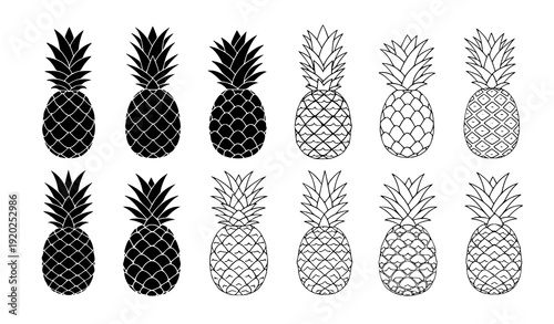 Decorative pineapple silhouettes vector with solid and outline tropical fruit shapes isolated on white background