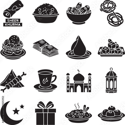 Traditional Eid Ul Fitr Islamic Food and Celebration Icon Set