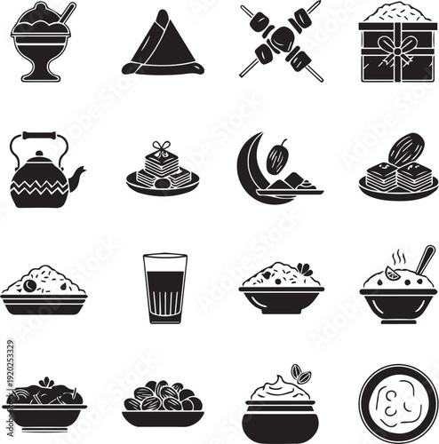 Islamic Iftar and Eid Mubarak Food Icons Set