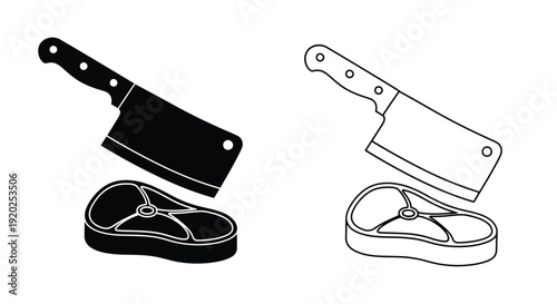 Black and white illustration of a cleaver steak knife and meat cuts