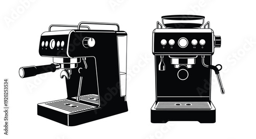 Two black and white illustrations of espresso machines side and front views