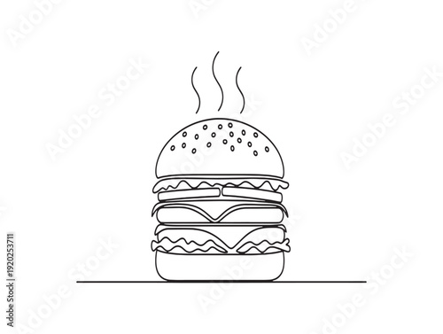 A simple line drawing of a double decker hamburger with steam rising