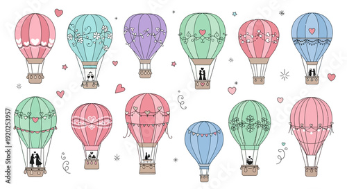 Charming collection of delightful hot air balloons in an array of pastel colors, adorned with hearts, bows, and intricate patterns, ideal for whimsical designs and dreamy romantic projects