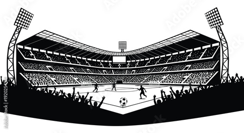 A black and white illustration of a packed soccer stadium during a game