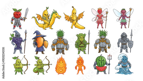 Whimsical Fruit Warriors Assemble: A vibrant collection of cartoon fruit characters, each uniquely designed with fantastical elements, ready for adventure and fun. 