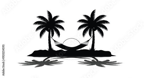 Black silhouette of two palm trees with a hammock and setting sun