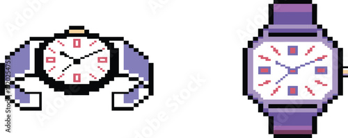Retro pixel art wrist watch set, 8-bit style purple wearable accessory, classic timekeeper icon and fashion